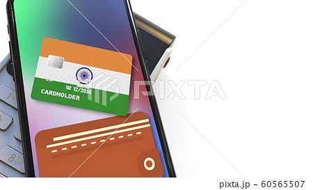 Payment terminal and flag of India on the virtual credit card in smartphone. National retail or mobile payment related 3D rendering 60565507