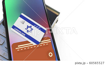 POS terminal and flag of Israel on the virtual credit card in smartphone. National retail or mobile payment related 3D rendering 60565527
