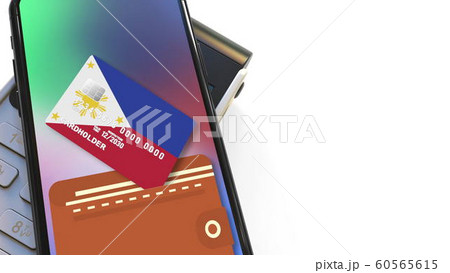 POS terminal and flag of the Philippines on the virtual card in modern smartphone. National retail or mobile payment related 3D rendering 60565615
