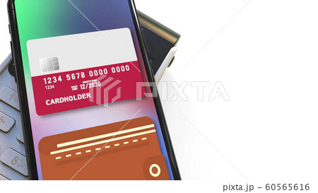 POS terminal and flag of Poland on the virtual card in modern smartphone. National retail or mobile payment related 3D rendering 60565616