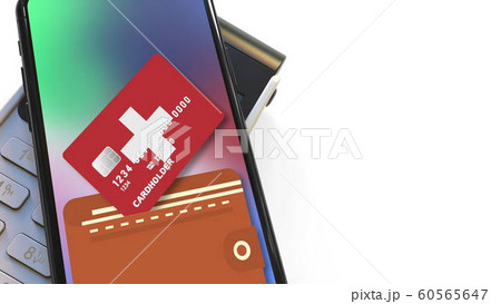 Payment terminal and flag of Switzerland on the virtual card in modern smartphone. National retail or mobile payment related 3D rendering 60565647