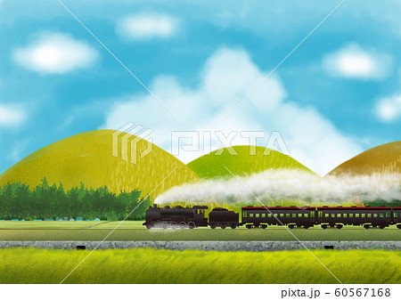 蒸気機関車と田舎の風景のイラスト素材