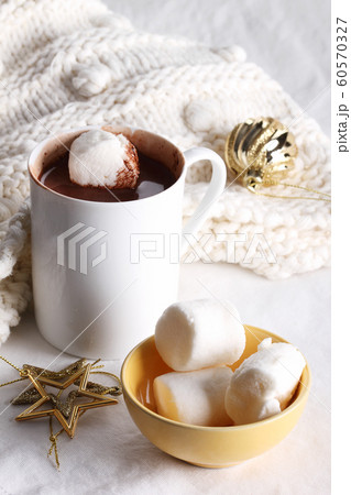 hot chocolate drink with celebration decorations 60570327