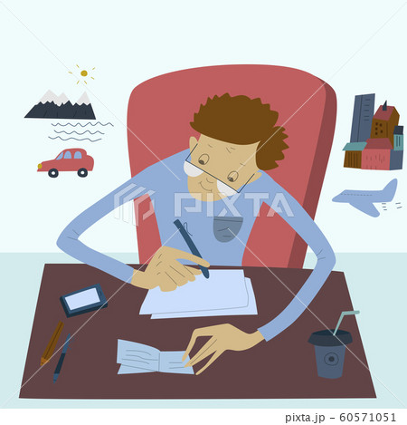 Man sitting at his a desk and writes about travel. 60571051