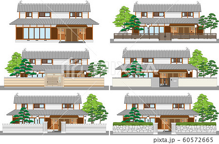 塀付日本家屋まとめ7縁ありのイラスト素材