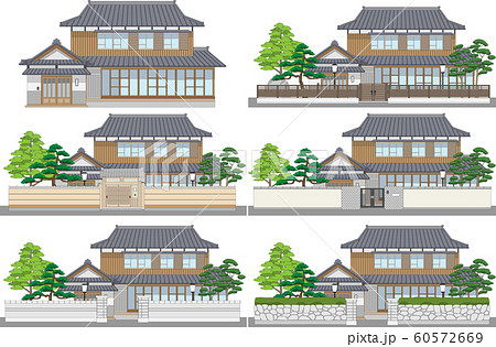 塀付日本家屋まとめ5縁ありのイラスト素材