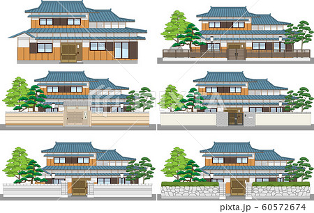 塀付日本家屋まとめ3縁ありのイラスト素材