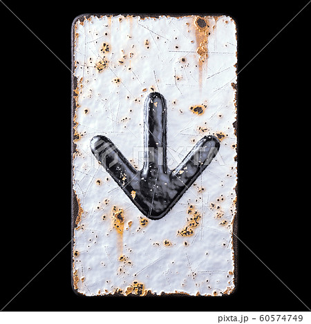 Symbol arrow to down made of forged metal on the background fragment of a metal surface with cracked rust. 60574749