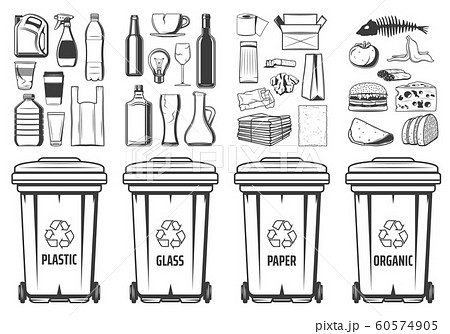 Garbage recycling bins, wastes trash containers Garbage recycling bins, wastes trash containers 60574905