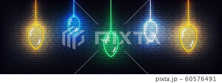 New Year background with neon Christmas balls. Set of realistic colorful Xmas glowing decorations New Year background with neon Christmas balls. Set of realistic colorful Xmas glowing decorations 60576491