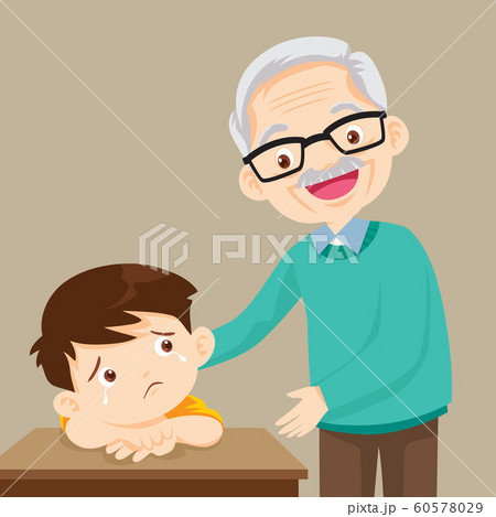 Grandfather comforting sad boy grieving 60578029