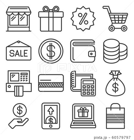 Shopping Icon Set on White Background. Line Style Vector 60579797