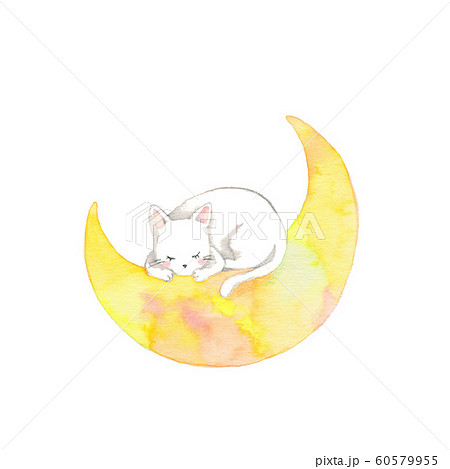 三日月と白猫のイラスト素材 三日月と白猫のイラスト素材