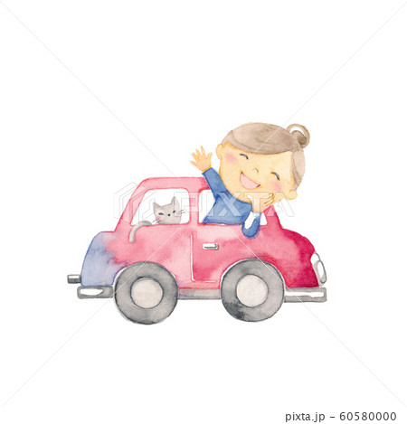 赤い車から手を振る女の子と猫のイラスト素材