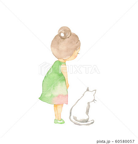 お辞儀をする女の子と白猫のイラスト素材