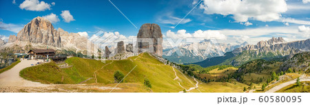 Summer mountain alpine meadow panorama. Cinque Torri, Dolomites Alps, Italy 60580095