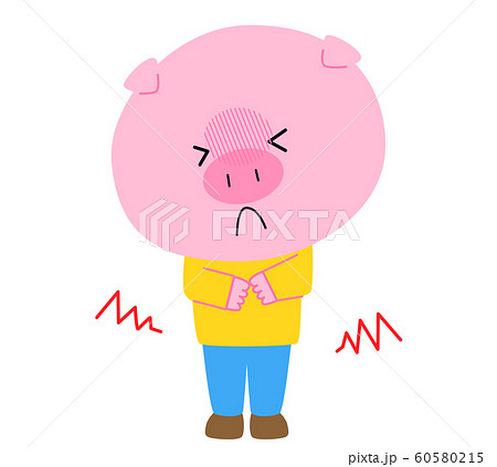 お腹が痛い豚のキャラクターイラスト かわいい 風邪をひいている 腹痛 病気 嘔吐 保育 子ども向けのイラスト素材