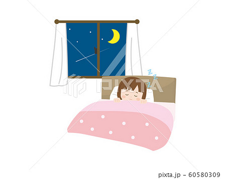 就寝 ベッドで眠る女の子のイラストのイラスト素材