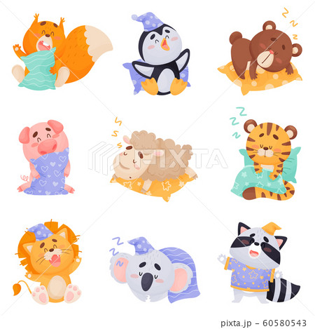Cute Cartoon Animals Sleeping and Yawning Vector Set 60580543