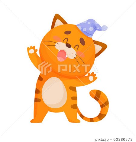 Cartoon Sleepy Cat Wearing Night Cap Standing and Yawning Vector Illustration Cartoon Sleepy Cat Wearing Night Cap Standing and Yawning Vector Illustration 60580575