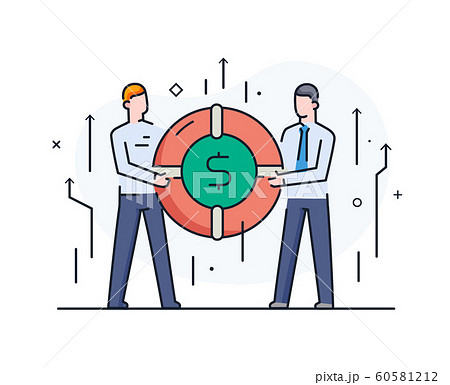 Businessmen team hold a huge dollar coin. Way to 60581212
