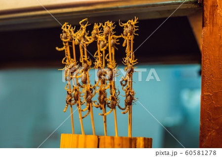 Fried scorpions in Wangfujing night market of Beijing, China Fried scorpions in Wangfujing night market of Beijing, China 60581278