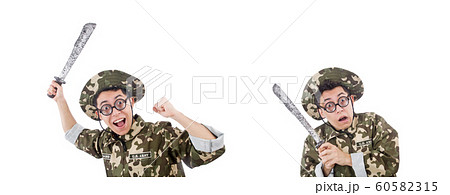 Funny soldier with knife on white Funny soldier with knife on white 60582315