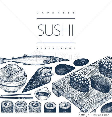 Japanese cuisine design template. Sushi hand drawn 60583462