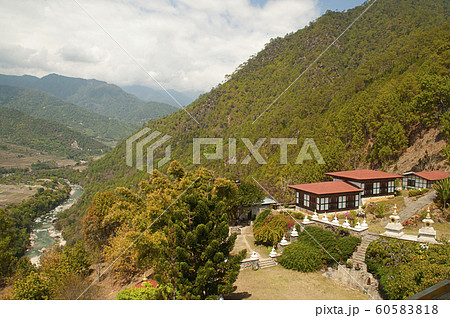 Landscape view of Khamsum Yulley Chorten garden, Punakha District, Bhutan 60583818