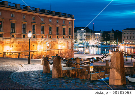 Stockholm, Sweden. Slottsbacken In Old Town Gamla Stan. Famous Popular Destination Scenic Place In Night Lights Stockholm, Sweden. Slottsbacken In Old Town Gamla Stan. Famous Popular Destination Scenic Place In Night Lights 60585068