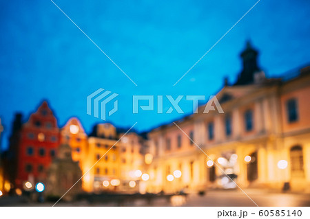Stockholm, Sweden. Swedish Academy and Nobel Museum In Old Square Stortorget In Gamla Stan. Abstract Boke Bokeh Background. Design Backdrop Stockholm, Sweden. Swedish Academy and Nobel Museum In Old Square Stortorget In Gamla Stan. Abstract Boke Bokeh Background. Design Backdrop 60585140