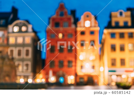 Stockholm, Sweden. Famous Old Colorful Houses. Abstract Boke Bokeh Background. Design Backdrop Stockholm, Sweden. Famous Old Colorful Houses. Abstract Boke Bokeh Background. Design Backdrop 60585142