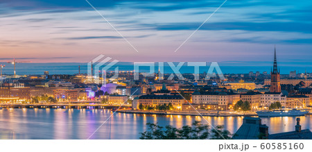Stockholm, Sweden. Night Skyline With Famous Landmarks. Panorama, Panoramic View Of Stockholm Cityscape. Famous Landmarks, UNESCO World Heritage Site 60585160