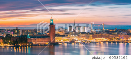 Stockholm, Sweden. Night Skyline With Famous Landmarks. Panorama, Panoramic View Of Stockholm Cityscape. Famous Landmarks, UNESCO World Heritage Site Stockholm, Sweden. Night Skyline With Famous Landmarks. Panorama, Panoramic View Of Stockholm Cityscape. Famous Landmarks, UNESCO World Heritage Site 60585162