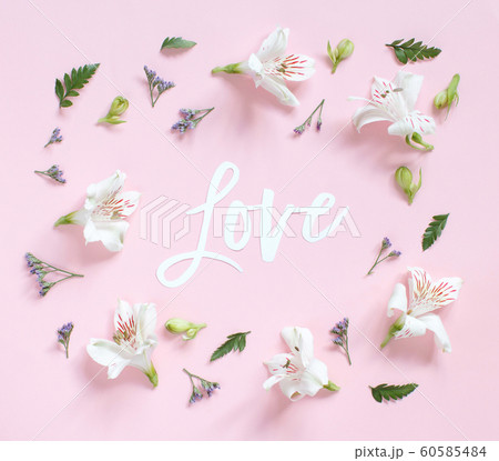 Flowers and word LOVE on a light pink background Flowers and word LOVE on a light pink background 60585484