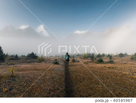 Man backpacker trekking on field with rocky 60585967