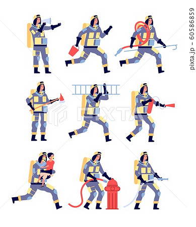 Fireman. Firefighter characters saving people, rescue equipment. Firefighters in helmet with extinguisher, firehose cartoon vector set Fireman. Firefighter characters saving people, rescue equipment. Firefighters in helmet with extinguisher, firehose cartoon vector set 60586859
