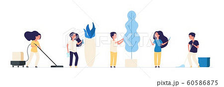 Kids cleaning. Children cleaners housework vacuuming sweep household equipment vector characters Kids cleaning. Children cleaners housework vacuuming sweep household equipment vector characters 60586875