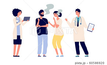 Doctors and smokers. Drug addiction. Vector male female characters. Doctors offer help get rid of addiction 60586920