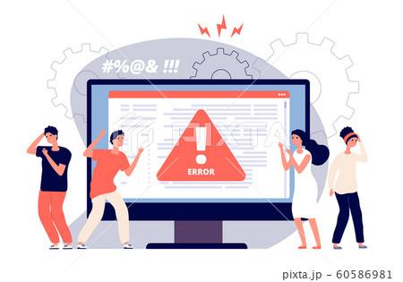 Computer error. Warnings unavailable page users, attention symbol alerts of problem, angry clients near monitor device, vector concept 60586981