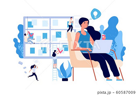 Businesswoman working. Self management, brainstorm vector concept. Business environment with flat tiny people characters Businesswoman working. Self management, brainstorm vector concept. Business environment with flat tiny people characters 60587009