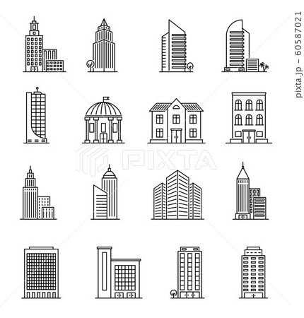 Line buildings. Urban architecture, skyscrapers. Hotel, university and bank, city library line art downtown building icons vector set Line buildings. Urban architecture, skyscrapers. Hotel, university and bank, city library line art downtown building icons vector set 60587021