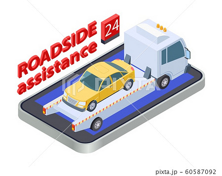 Road assistance concept. Isometric tow truck. Online roadside assistance, car service mobile app Road assistance concept. Isometric tow truck. Online roadside assistance, car service mobile app 60587092