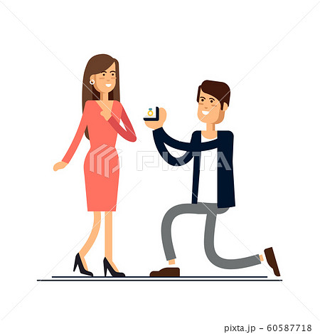 An offer of marriage. Man proposes a woman to marry him and gives an engagement ring. Vector illustration in cartoon style. 60587718