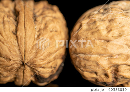 Fresh brown walnut isolated on black glass Fresh brown walnut isolated on black glass 60588059