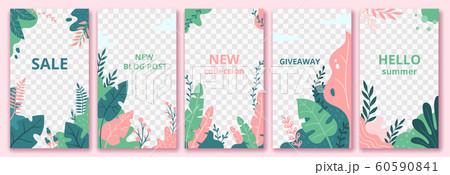 Floral stories template. Garden flora poster, flowers composition layout and trendy social media story templates vector set 60590841