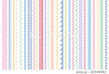 Sewing seams patterns. Embroidery craft sew pattern, fashion seam brush and colorful stitches stitched fabric vector illustration set 60590982