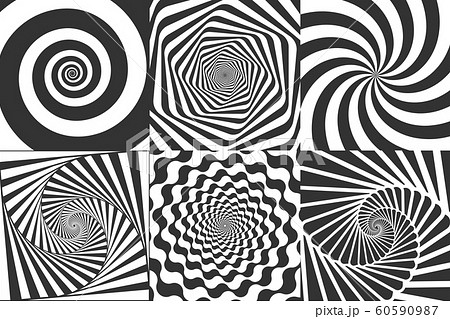 Hypnotic spiral. Swirl hypnotize spirals, vertigo geometric illusion and rotating stripes round pattern vector illustration set 60590987
