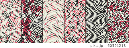 Set of organic seamless patterns with rounded lines, drips. Diffusion reaction background. Linear design with biological shapes. Structure of natural cells, maze, coral. Abstract vector illustration. 60591218