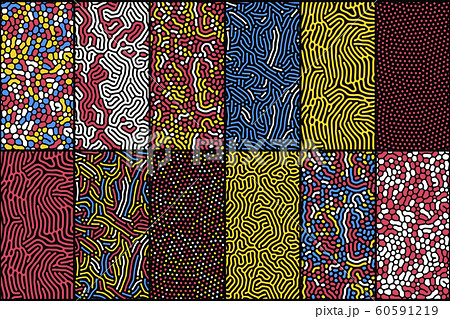 Set of organic seamless patterns with rounded lines, drips. Diffusion reaction background. Linear design with biological shapes. Structure of natural cells, maze, coral. Abstract vector illustration. 60591219